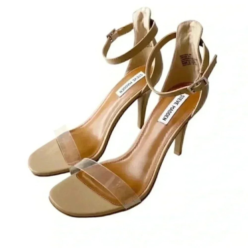 Steve Madden Nude Translucent Vinyl High Heel Ankle Strap Minimalist Sandals 9 - Picture 4 of 15